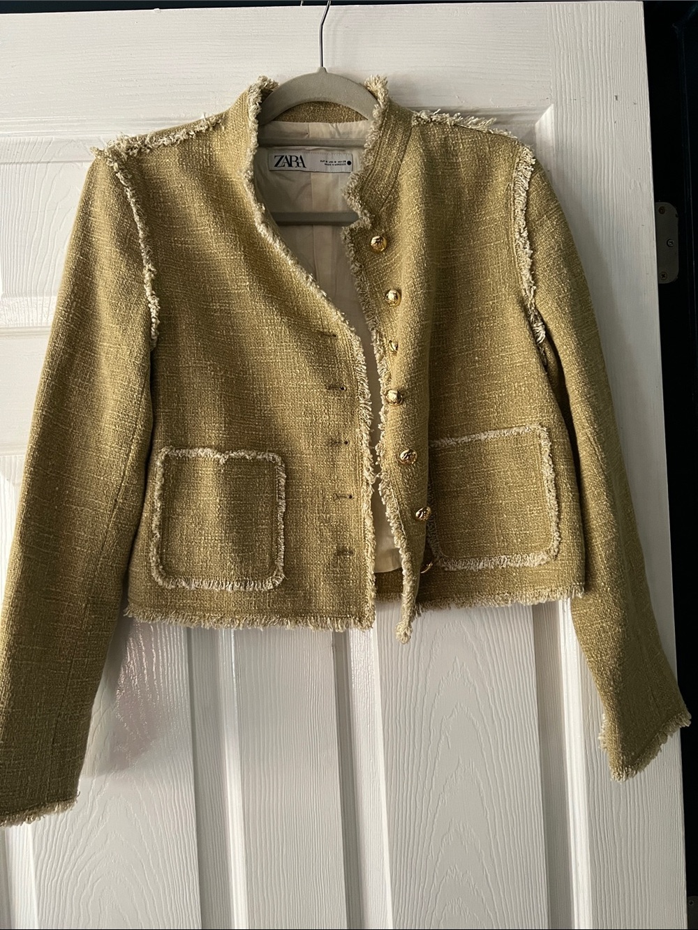 Zara Olive Green Frayed-Trim Tweed Blazer with Gold Buttons